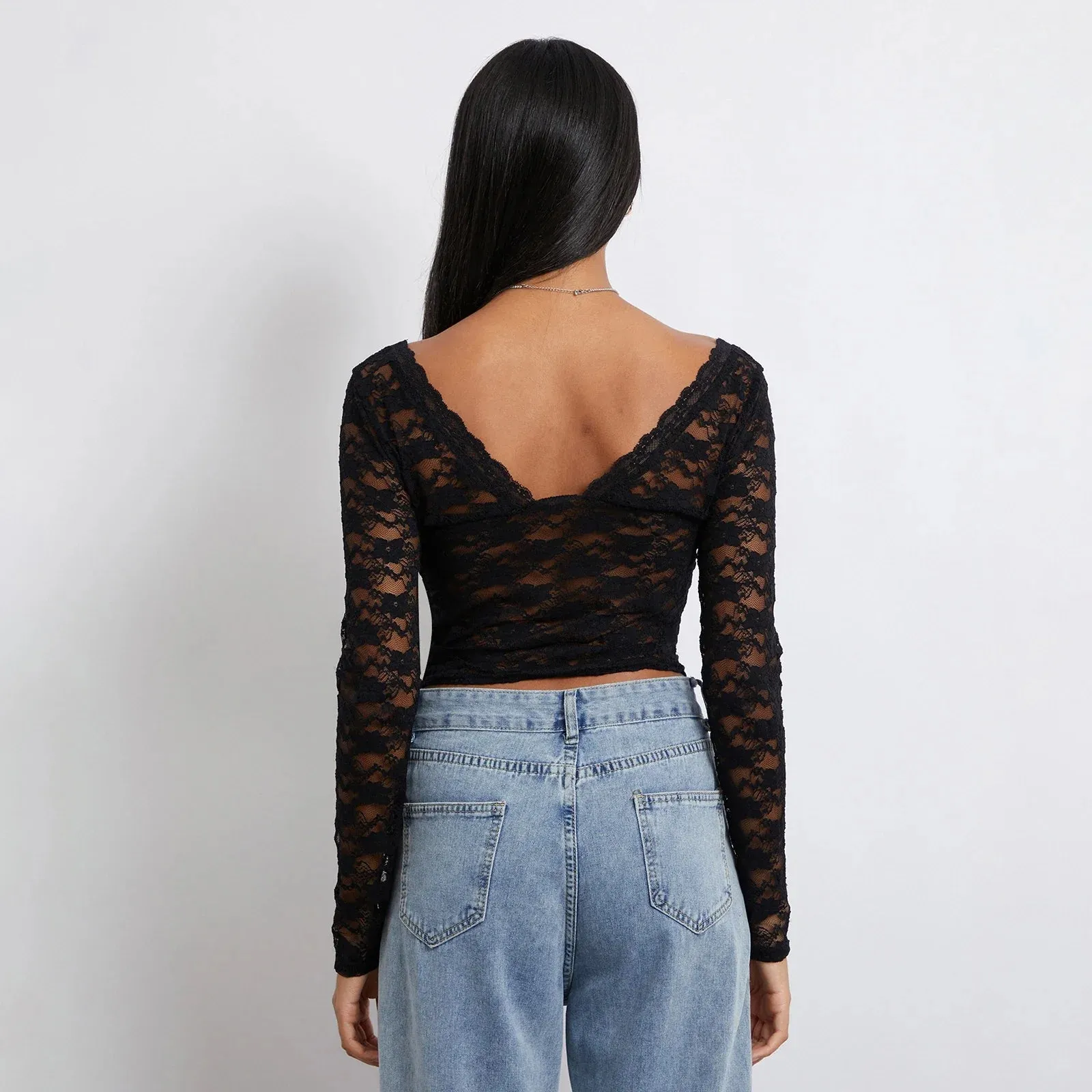 Lace Sheer Mesh Crop Fashion Hot Sale V-neck Long Sleeve Going Out Tee Party Clubwear Sexy T-shirt