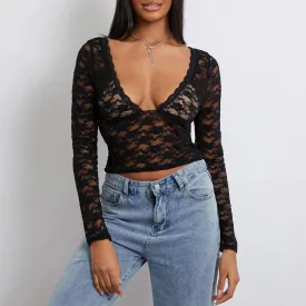 Lace Sheer Mesh Crop Fashion Hot Sale V-neck Long Sleeve Going Out Tee Party Clubwear Sexy T-shirt