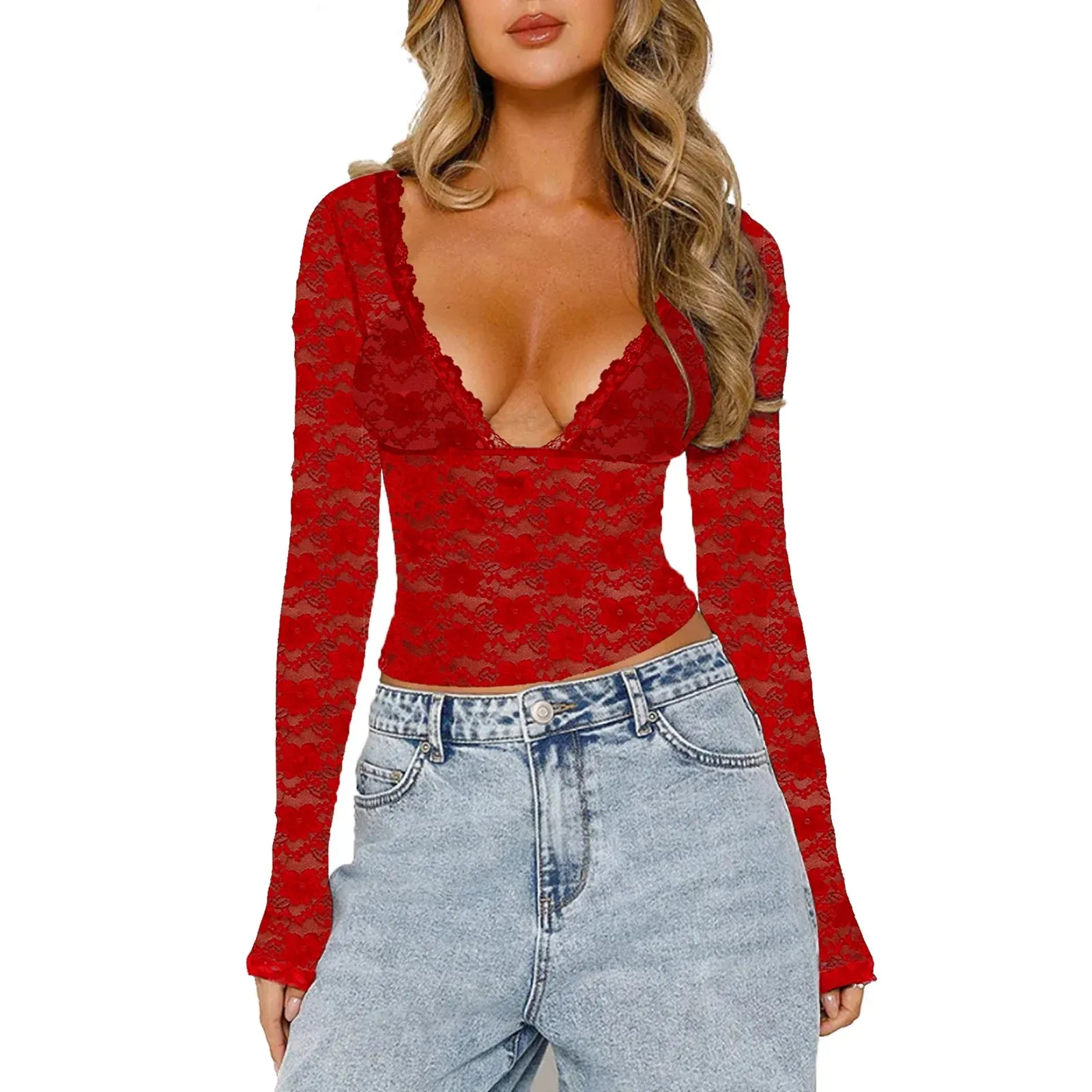 Lace Sheer Mesh Crop Fashion Hot Sale V-neck Long Sleeve Going Out Tee Party Clubwear Sexy T-shirt