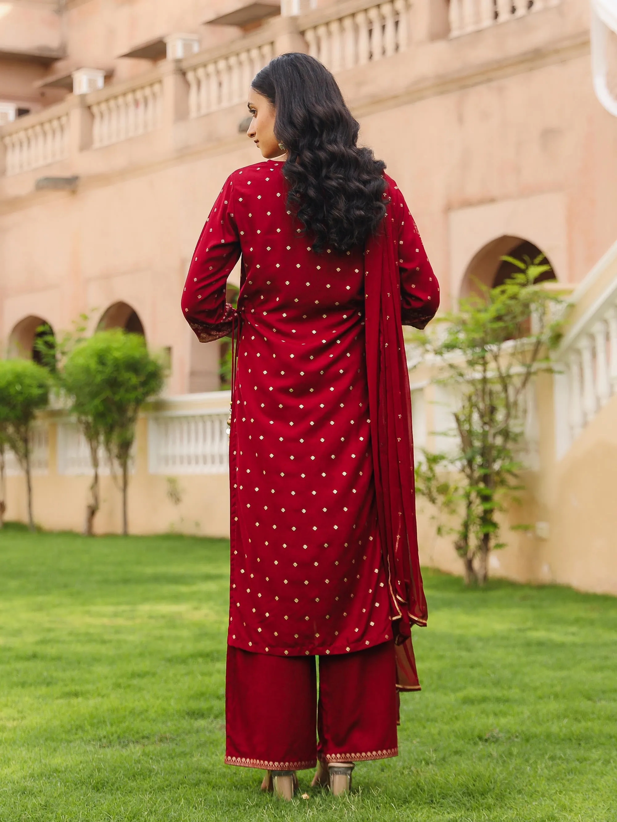 Maroon Ethnic Motif Golden Printed Liva Rayon Kurta Pant And Dupatta Set With Coins & Lace