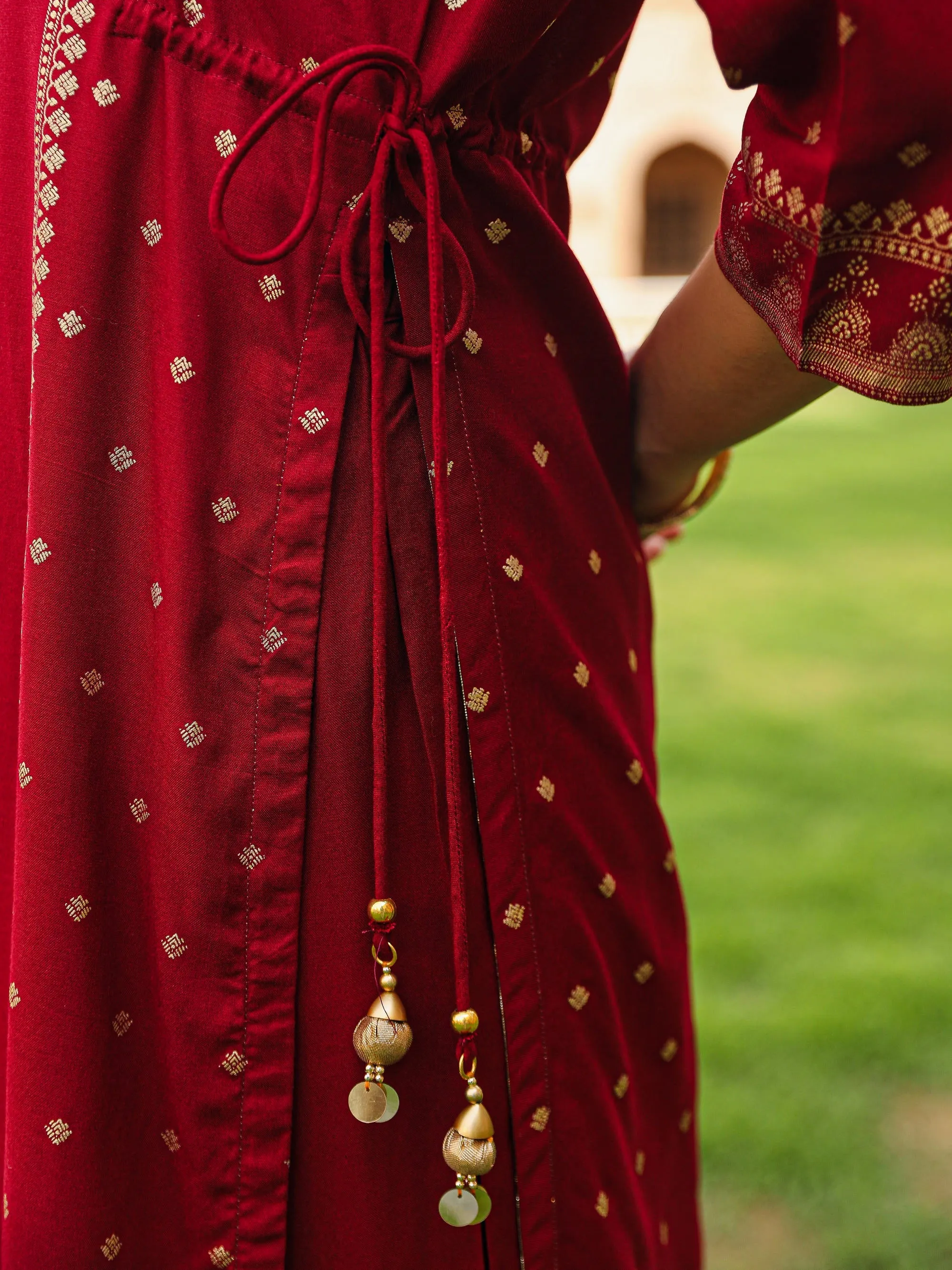 Maroon Ethnic Motif Golden Printed Liva Rayon Kurta Pant And Dupatta Set With Coins & Lace