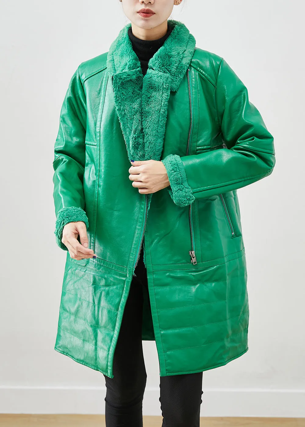 Natural Green Zip Up Patchwork Duck Down Faux Leather Coats Winter ML1928