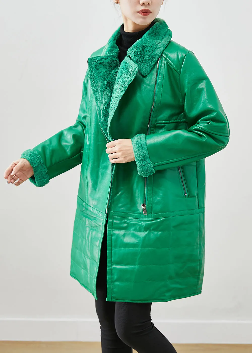 Natural Green Zip Up Patchwork Duck Down Faux Leather Coats Winter ML1928