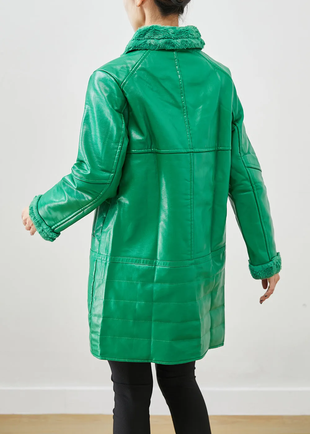 Natural Green Zip Up Patchwork Duck Down Faux Leather Coats Winter ML1928