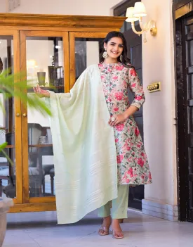 Off White Floral Printed Silk Kurta Set With Sequins & Buttons