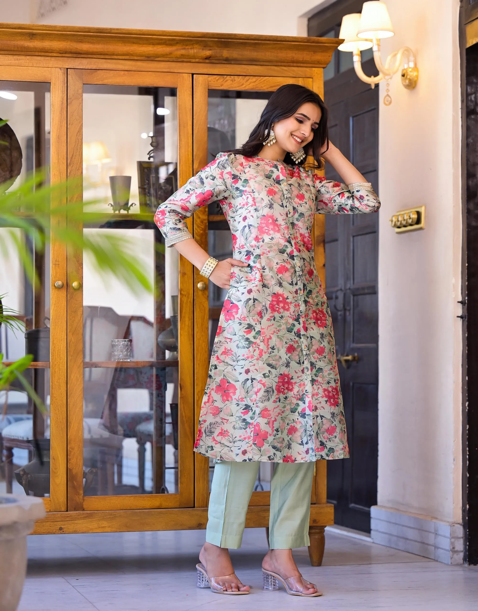 Off White Floral Printed Silk Kurta Set With Sequins & Buttons