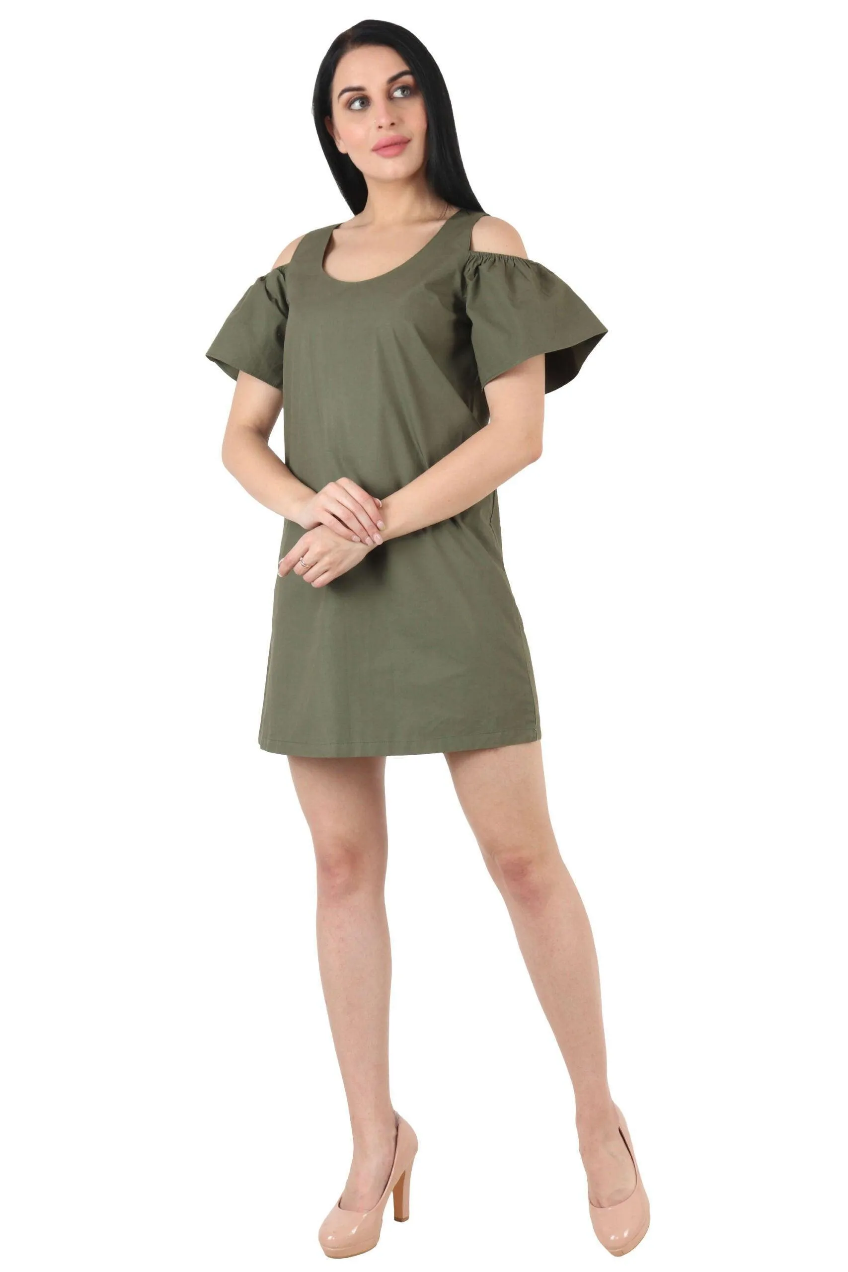 Olive Green Solid Cold Shoulder Dress