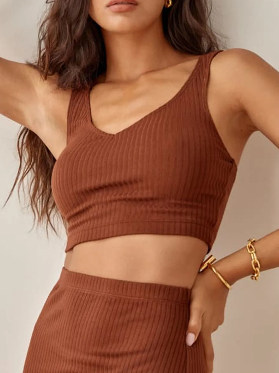 Outfit Set Women's Two Piece Sexy Casual Wide Strap Crop Top and High Waist Midi Skirt Brown