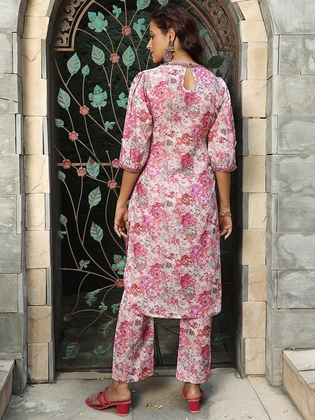 Pink Rose Floral Printed Kurta With Pants