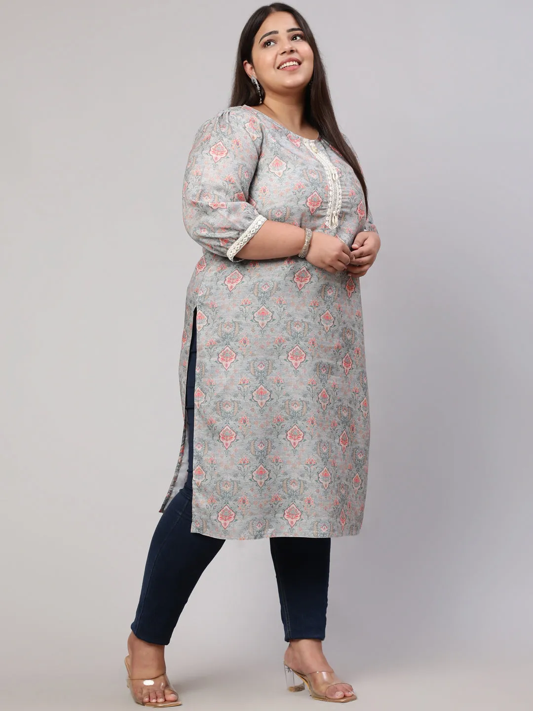 Plus Size Grey Mirror Work Printed Straight Kurta