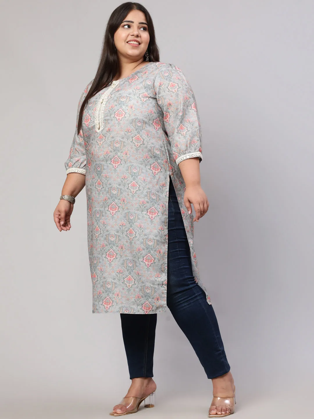 Plus Size Grey Mirror Work Printed Straight Kurta