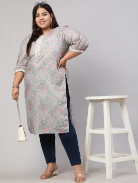 Plus Size Grey Mirror Work Printed Straight Kurta