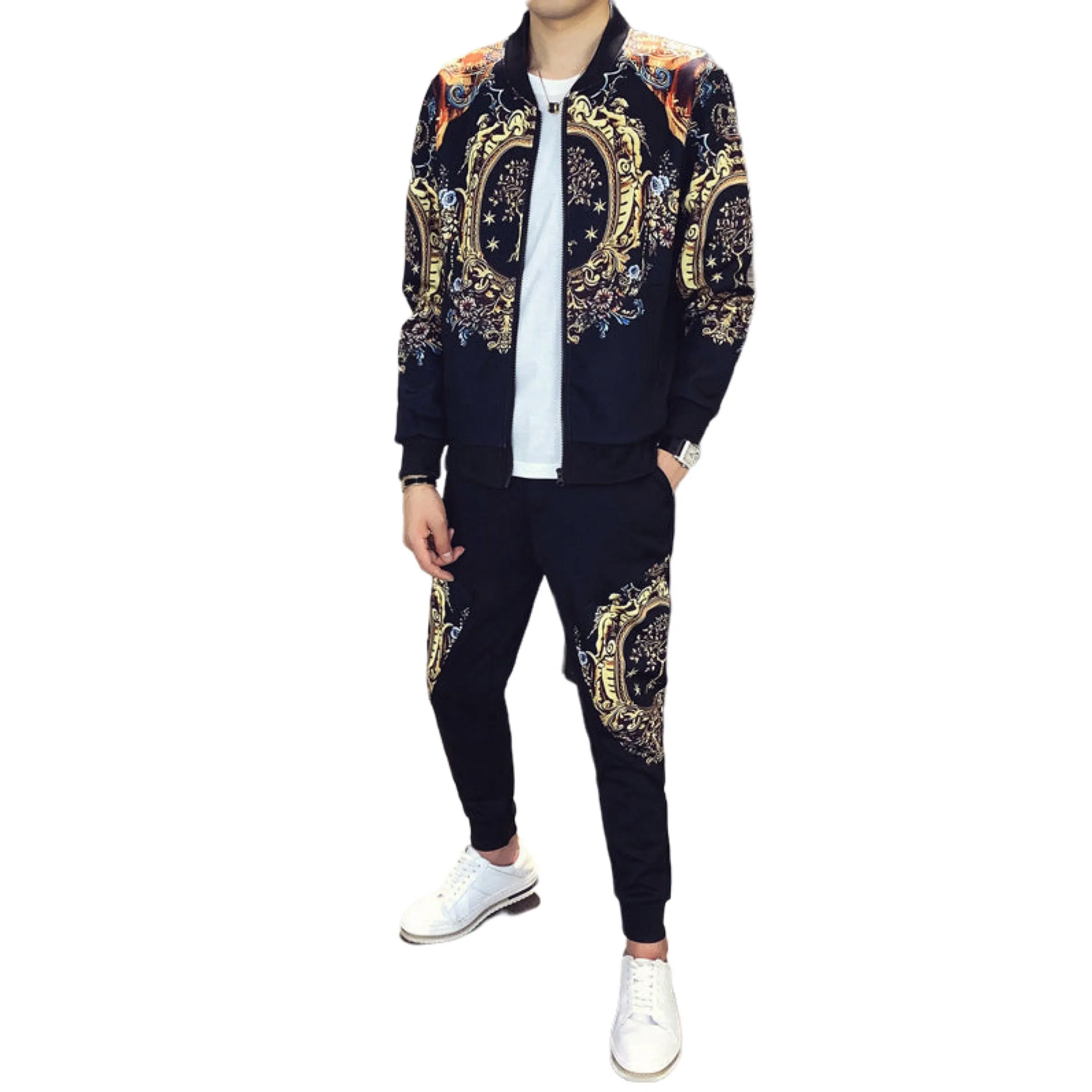 Rare Hip Hop Tracksuit Jacket Suit Men's 2 Pieces Gold Print Sportswear Casual Size M, L, XL, 2XL, 3XL, 4XL, 5XL