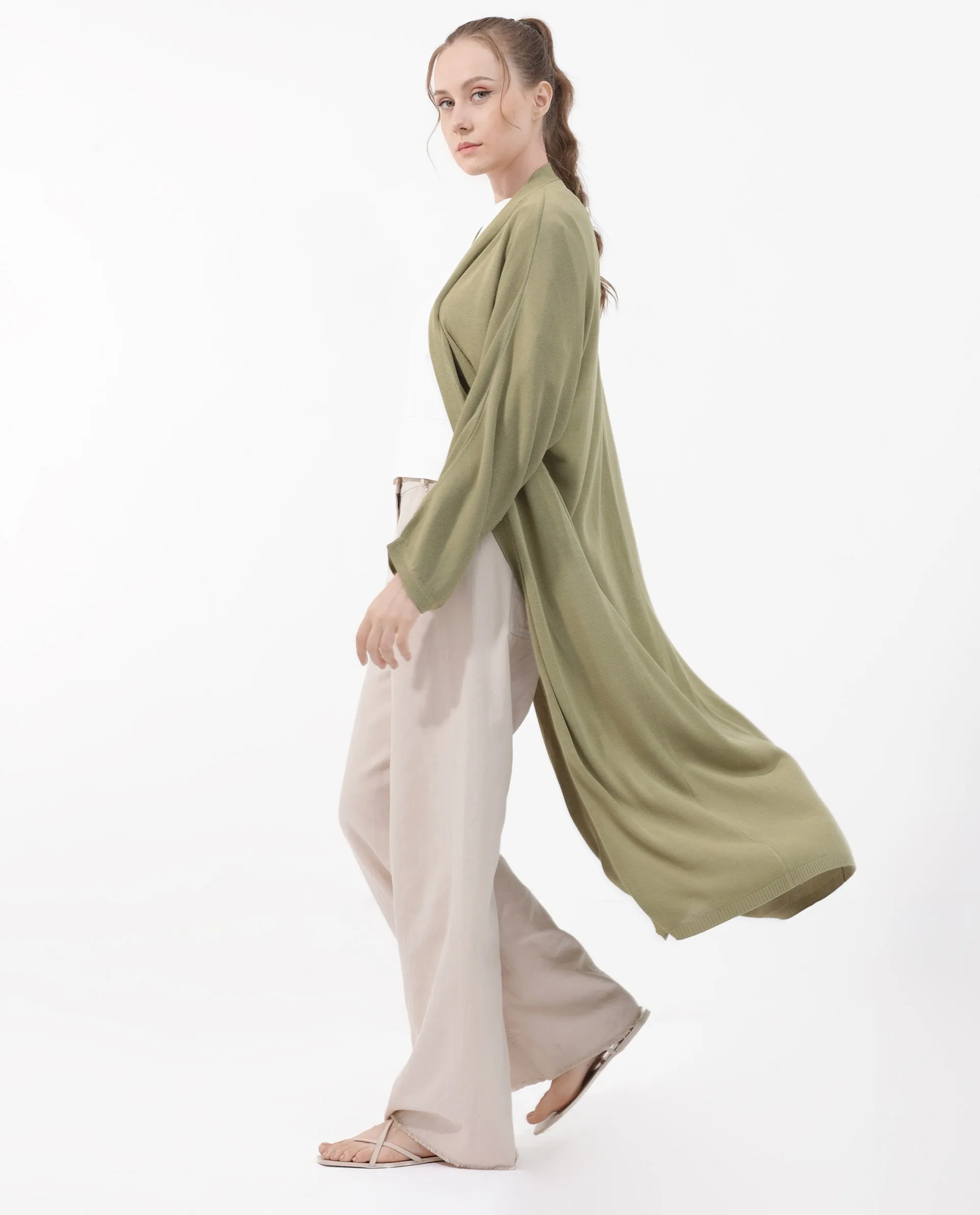 Rareism Women Keya Pastel Green Cotton Fabric Full Sleeves Extended Sleeve Relaxed Fit Plain Midi Shrug