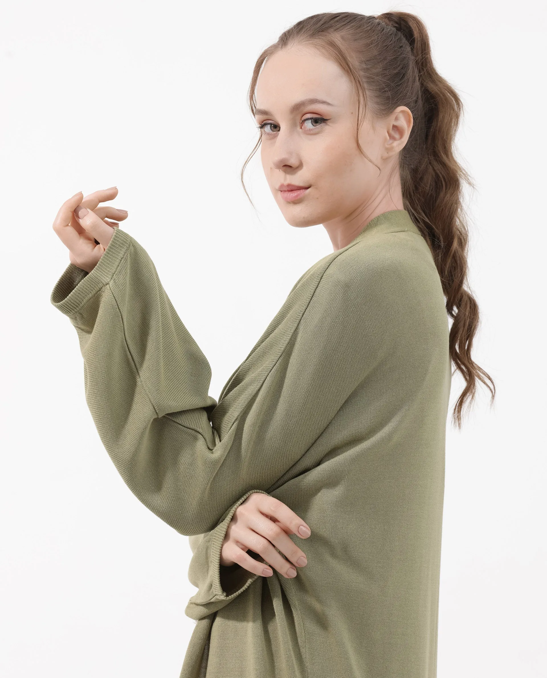 Rareism Women Keya Pastel Green Cotton Fabric Full Sleeves Extended Sleeve Relaxed Fit Plain Midi Shrug