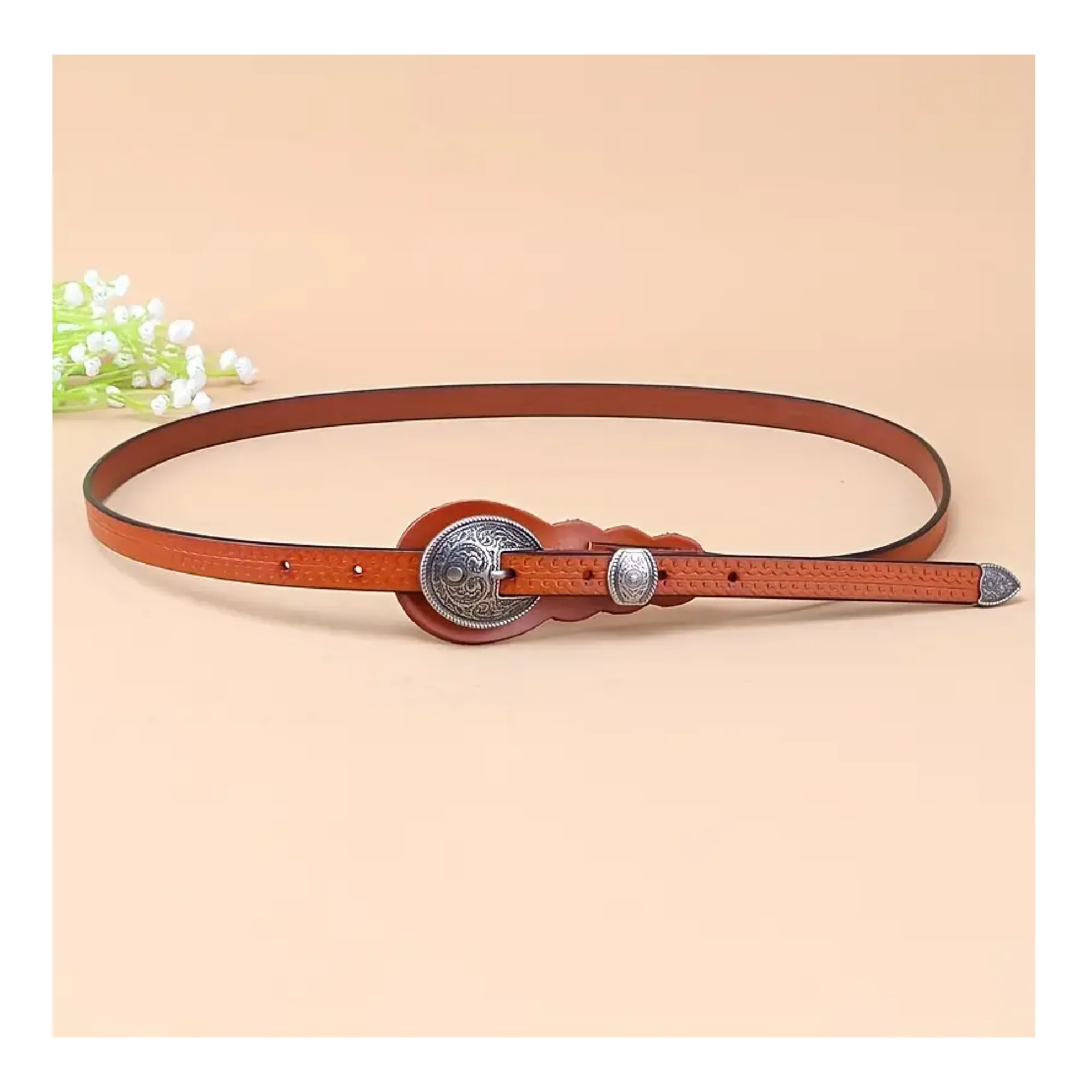 Retro Paisley Carved Buckle Belt Bohemian Pattern Genuine Leather Thin Waistband Casual Pants Dress Decorative Waist Band