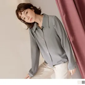 RIBBED SHIRTS COLLAR TUNIC LONG SLEEVE TOPS/SHIRTS