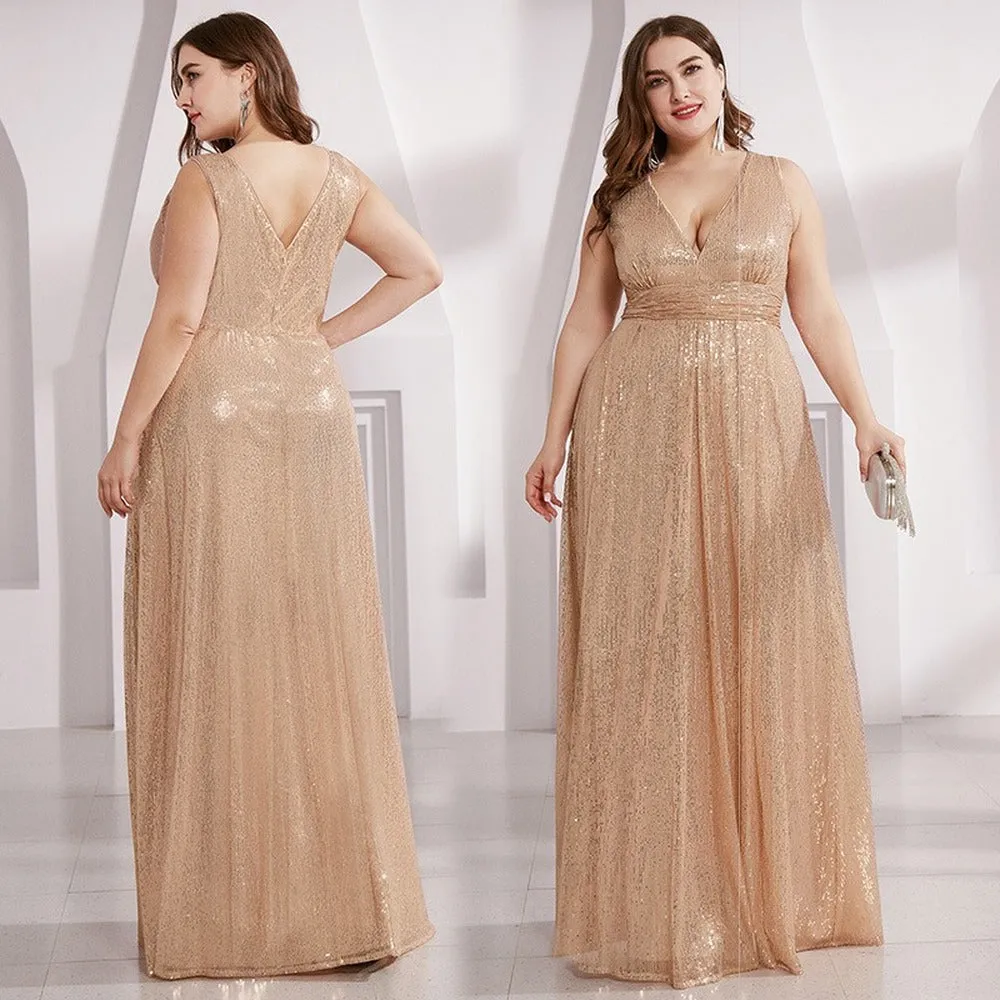 sd-hk Gold Sequin Evening Party Gowns V Neck Sleeve Prom Dress Plus Size