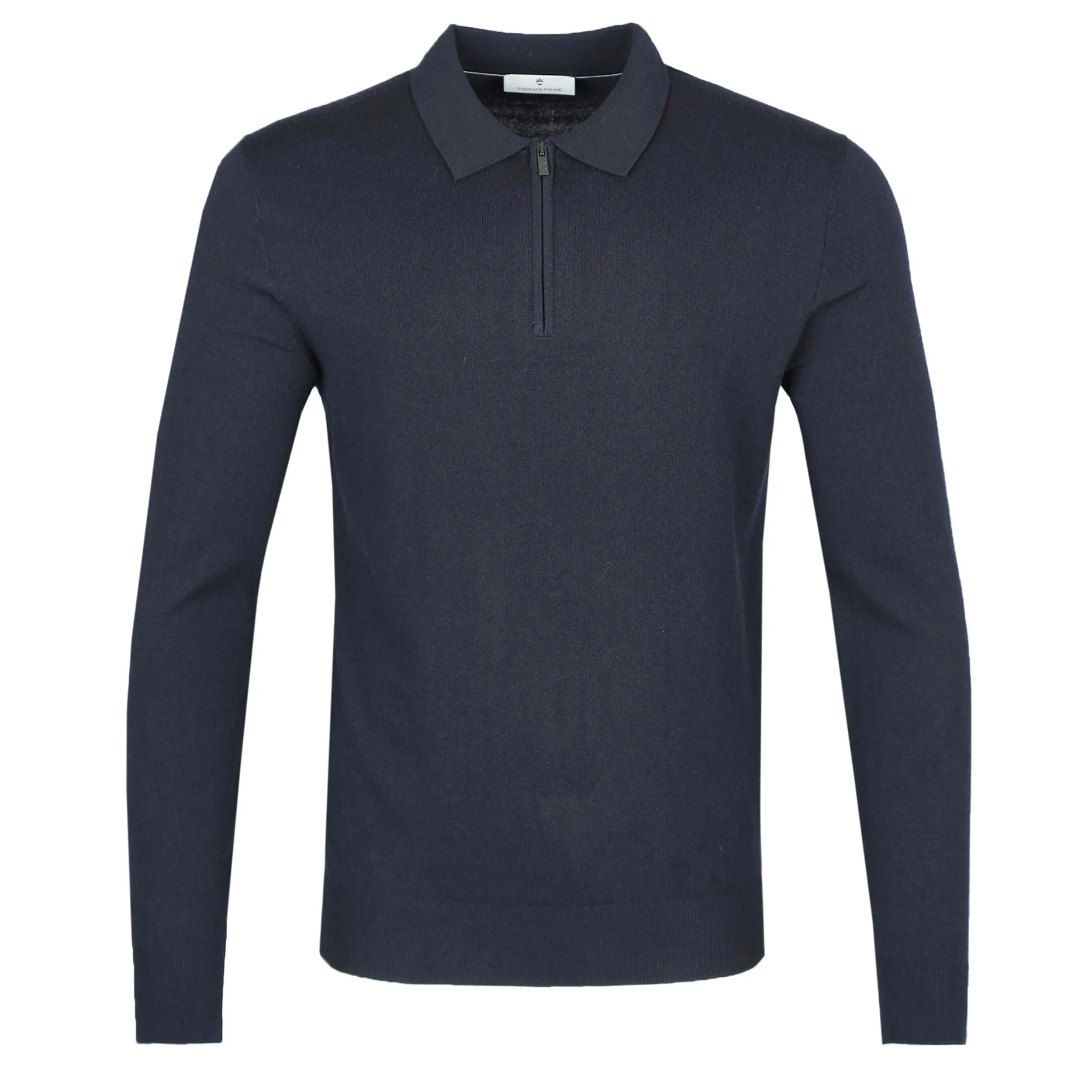 Thomas Maine Zip Knitted Long Sleeve Polo in Navy