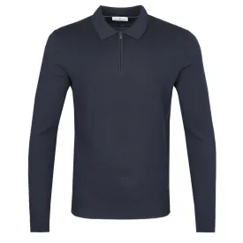 Thomas Maine Zip Knitted Long Sleeve Polo in Navy