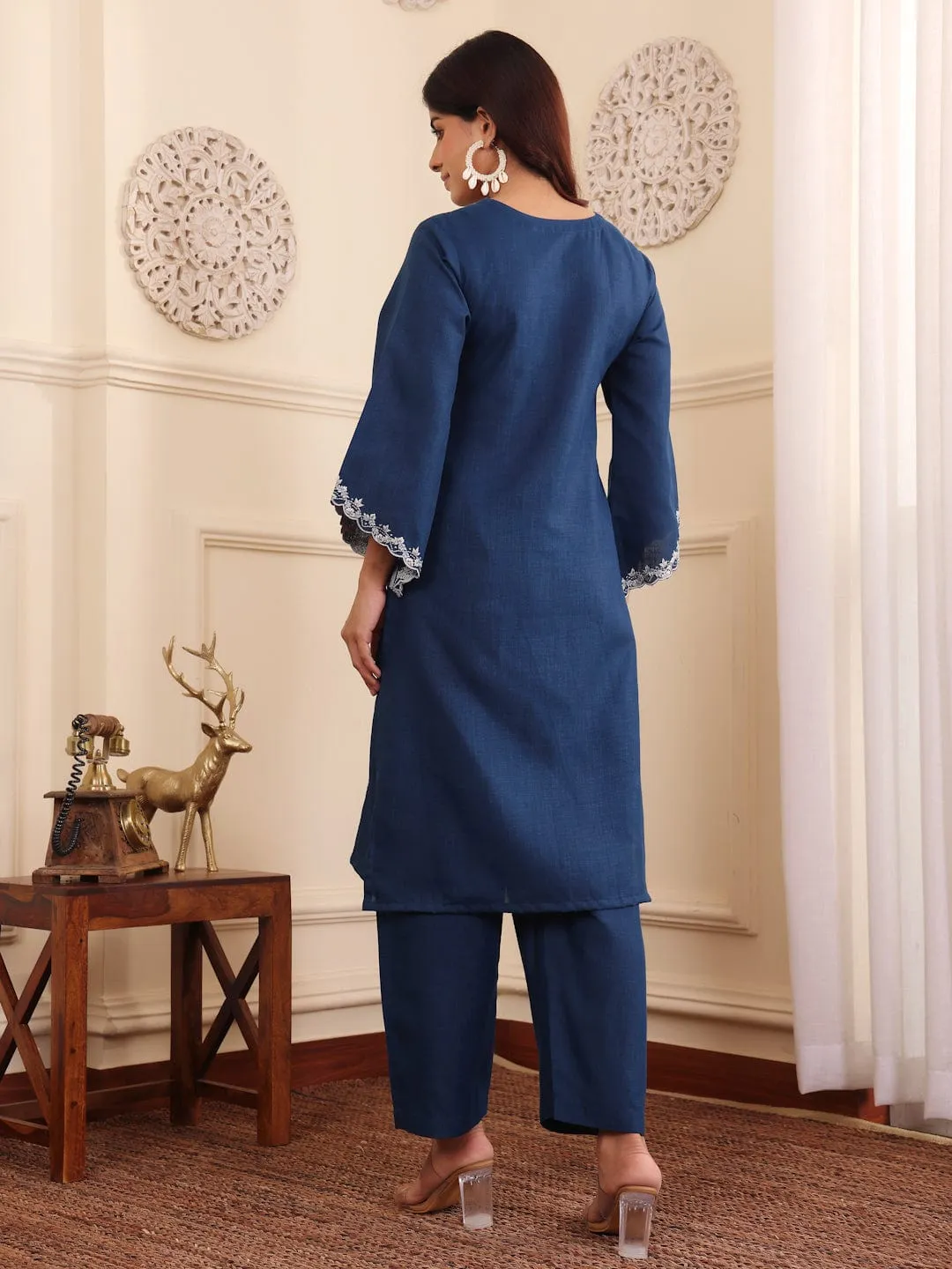 Varanga Women Navy Blue Floral Thread Embroidered Kurta With Trousers Co-Ord Set