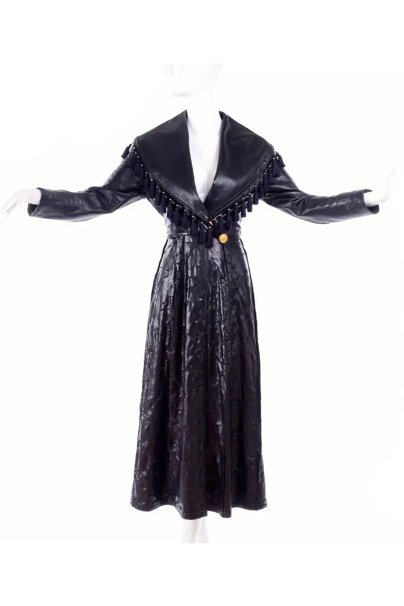 Vintage Gianni Versace Black Leather Coat Embroidered w/ Tassels