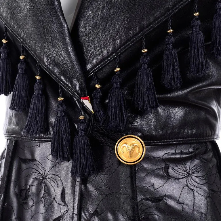 Vintage Gianni Versace Black Leather Coat Embroidered w/ Tassels