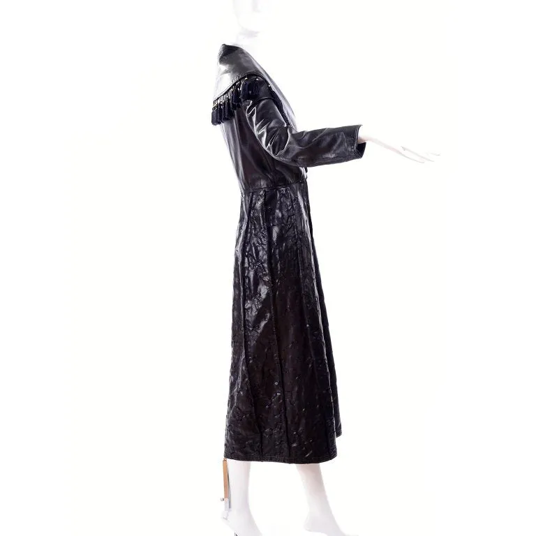 Vintage Gianni Versace Black Leather Coat Embroidered w/ Tassels