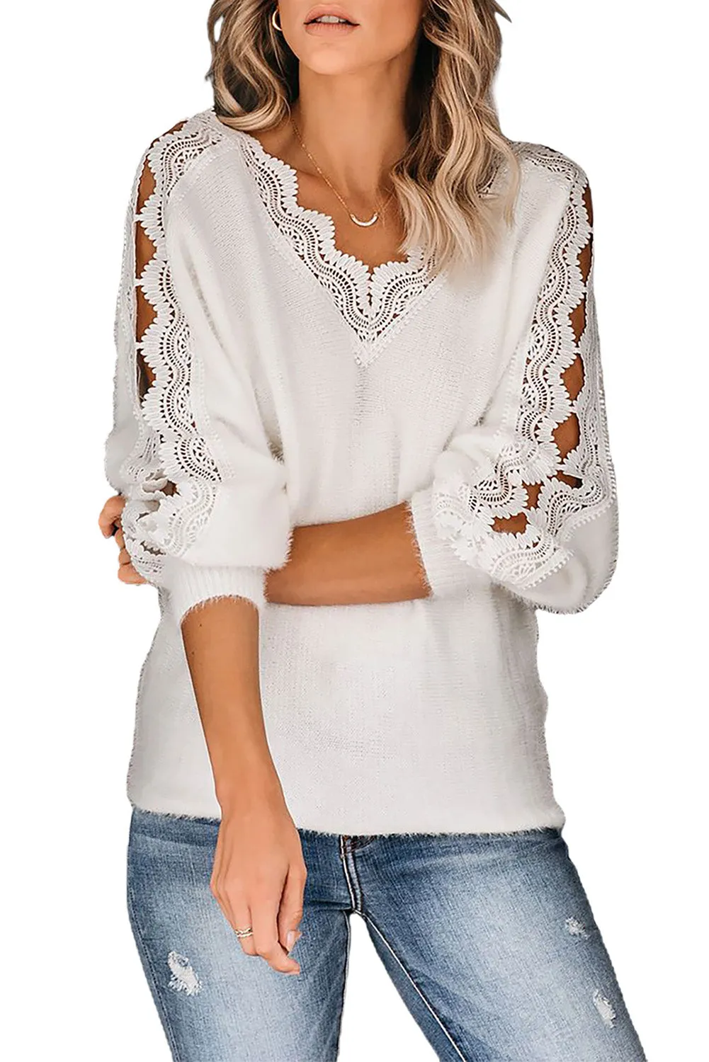 White Lace Splicing V Neck Pullover Sweater