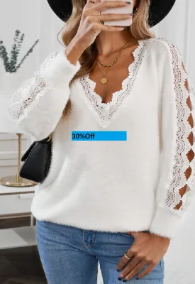 White Lace Splicing V Neck Pullover Sweater