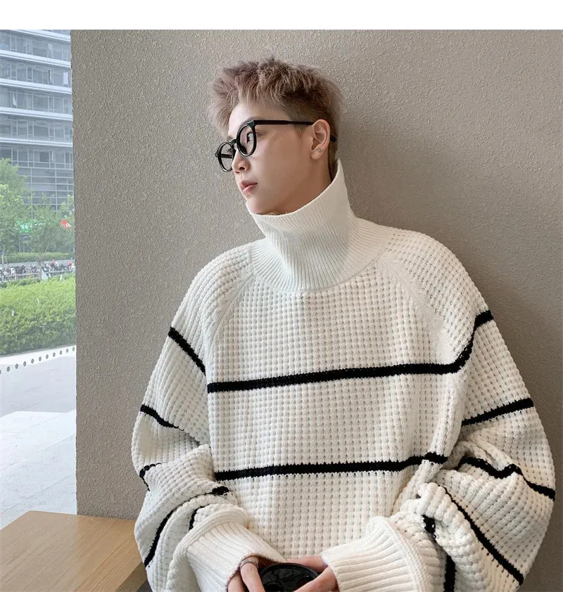 WIAOFELLAS -  Men's Sweater Autumn Korean Fashion Versatile Stripe Pullover Warm Turtleneck Loose Knit Coats Winter Male Casual Clothing