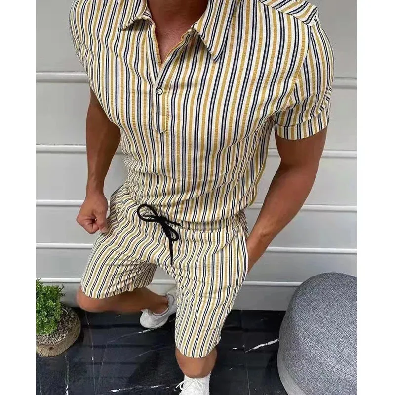 Wiaofellas  -  New Men's Stripe Two Piece Lapel Long Sleeve Shirt And Shorts Suit  Summer Casual Loose Sportswear Mens Fashion Jogging Set