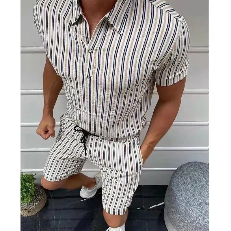 Wiaofellas  -  New Men's Stripe Two Piece Lapel Long Sleeve Shirt And Shorts Suit  Summer Casual Loose Sportswear Mens Fashion Jogging Set