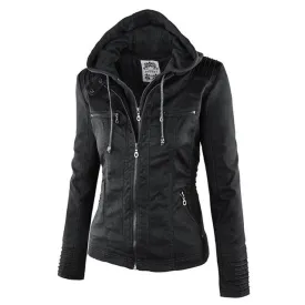 Women Faux Leather Hooded Jacket Female Slim Fit Short Motorcycle Jacket