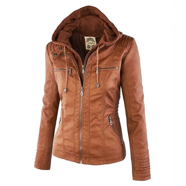 Women Faux Leather Hooded Jacket Female Slim Fit Short Motorcycle Jacket