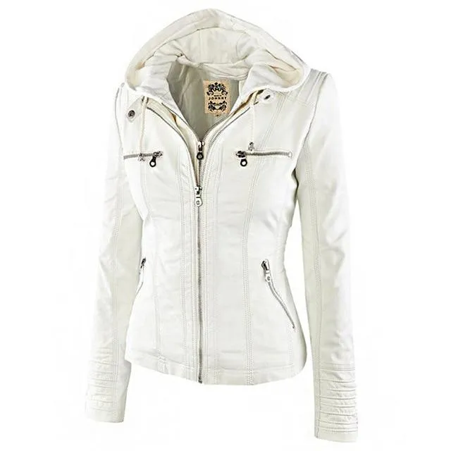 Women Faux Leather Hooded Jacket Female Slim Fit Short Motorcycle Jacket