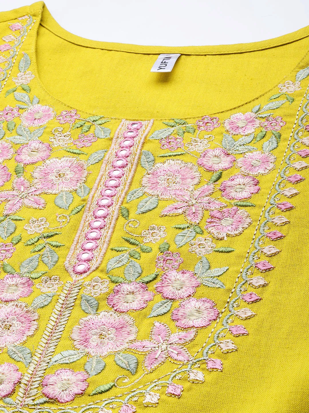 Women Mustred Yellow Yoke Design Thread Work Kurta