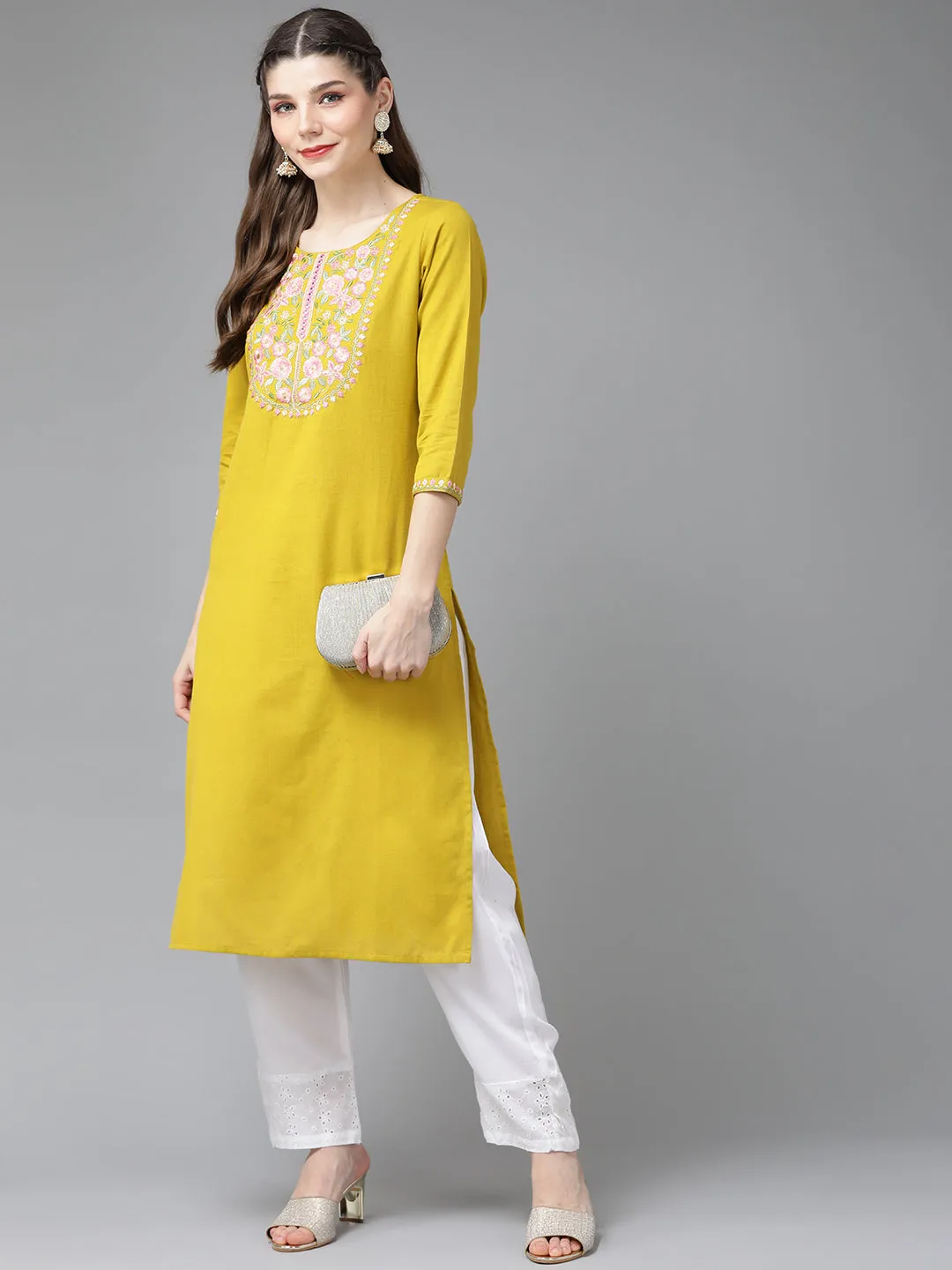 Women Mustred Yellow Yoke Design Thread Work Kurta