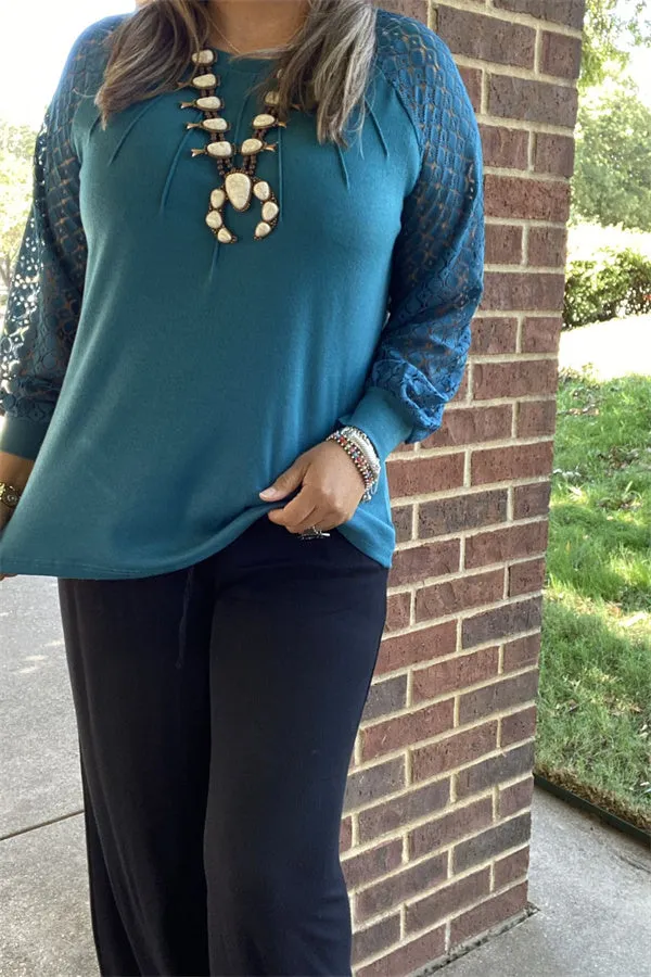 XCH15449 Turquoise solid color long sleeve/lace raglan design women tops